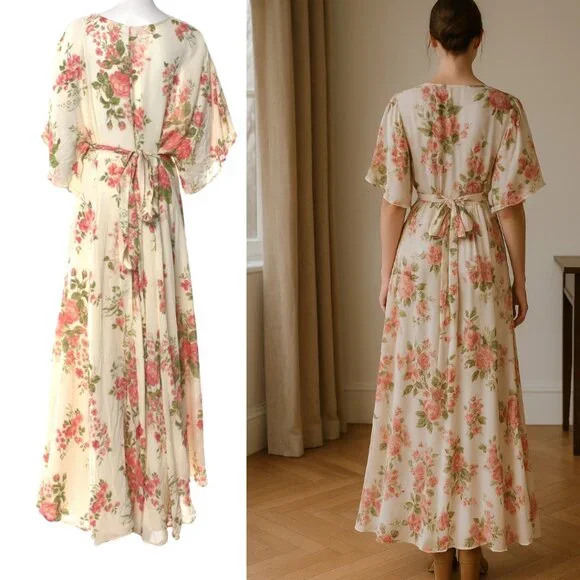 RARE‎ REFORMATION MAXI FLORAL PINK CREAM KIMONO SLEEVES WRAP DRESS XL EUC - Picture 3 of 4